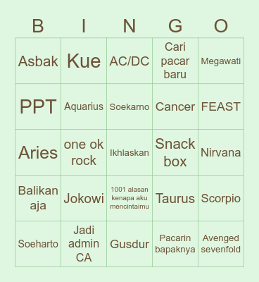 Isla Bingo Card