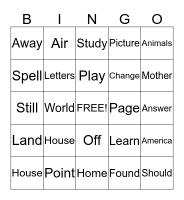 Sight Words Bingo Card