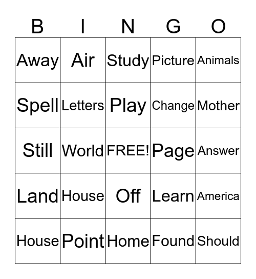 Sight Words Bingo Card