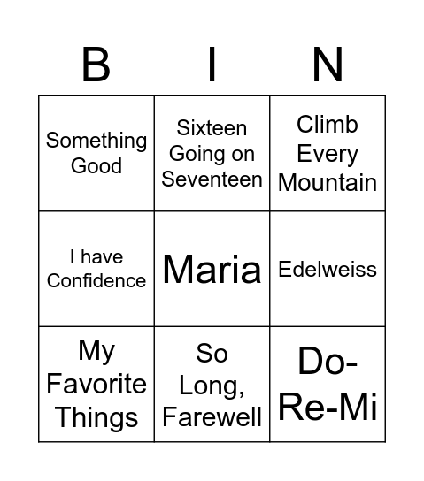 Sound of Music Bingo Card