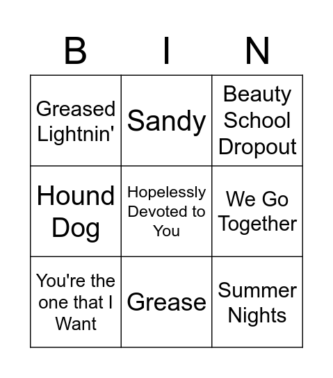 Grease Bingo Card