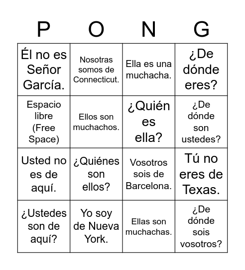 2A1 Subject Pronouns and SER Bingo Card