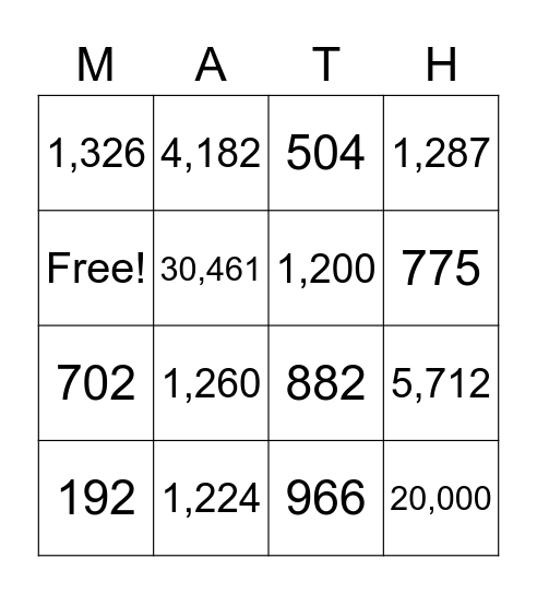 Multi-Digit Multiplication Bingo Card
