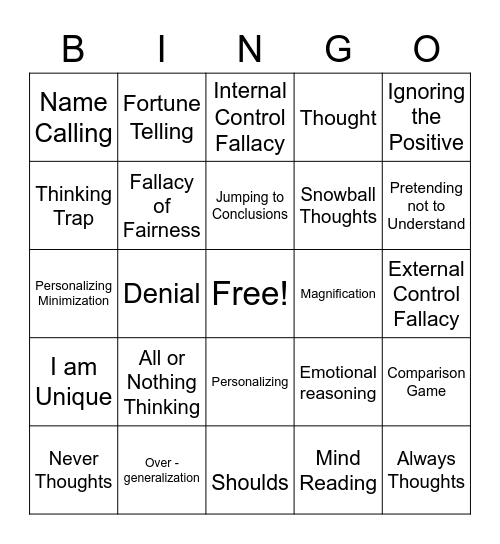 Thinking Trap Names Bingo Card