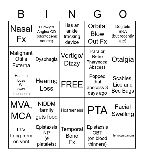 ENT Patient / Consult Bingo Card