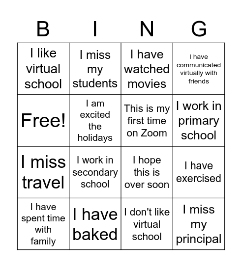 Teacher Quarantine Bingo Card
