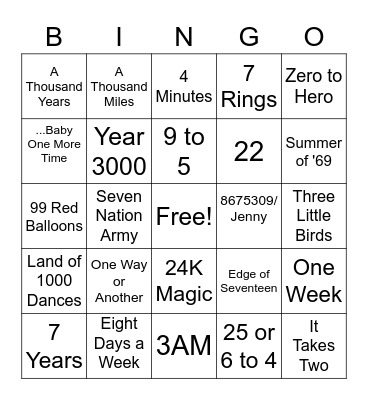Songs with Numbers Bingo Card