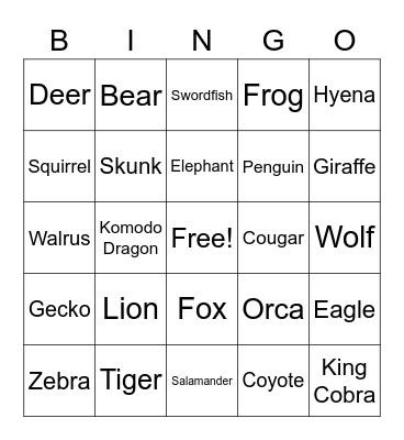 Animal Bingo Card