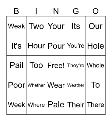 Homophone Bingo Card