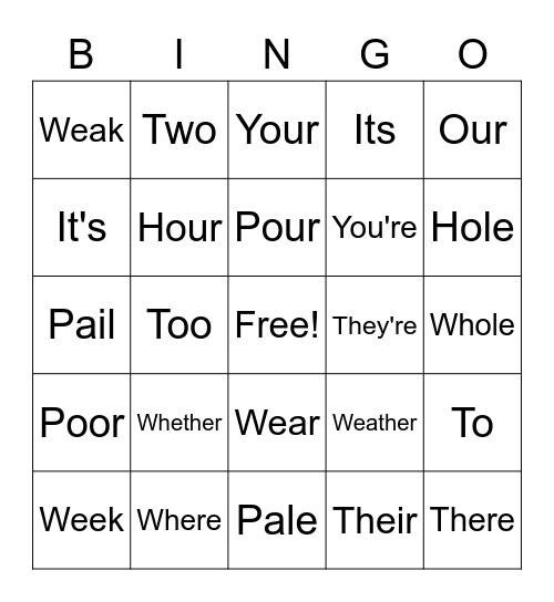 Homophone Bingo Card
