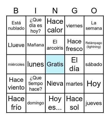 Spanish Weather & Days Bingo Card