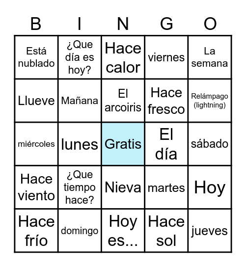 Spanish Weather & Days Bingo Card