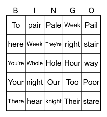 Homophone Bingo Card