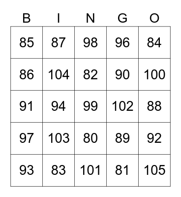 Numeros de 80-105 Bingo Card