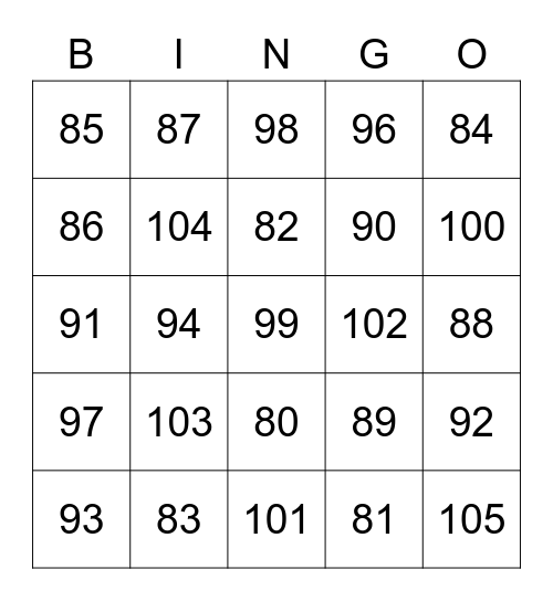 Numeros de 80-105 Bingo Card