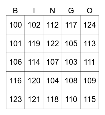 Numeros  de 100-124 Bingo Card