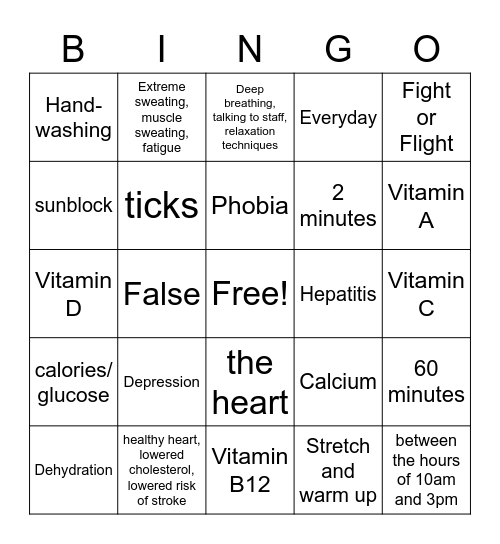 Healthy You Bingo Card