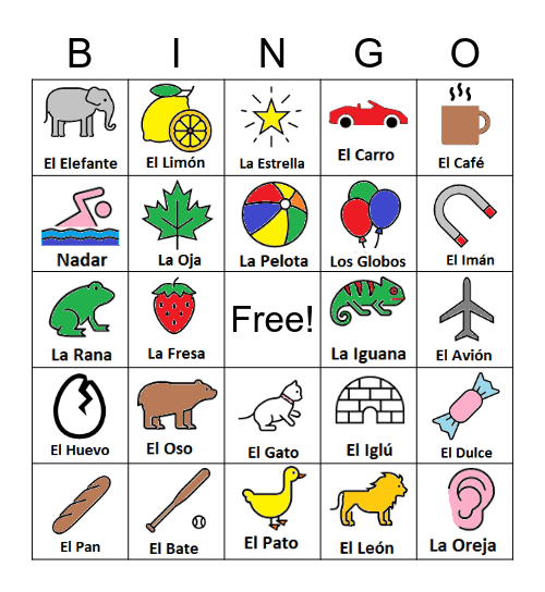 Spanish (Items & Colors) Bingo Card