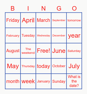 Calendar Terms in English Bingo Card