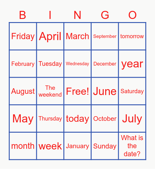 Calendar Terms in English Bingo Card