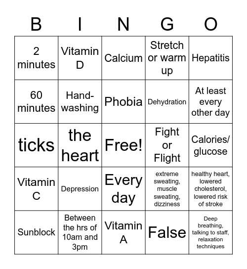 Healthy You Bingo Card