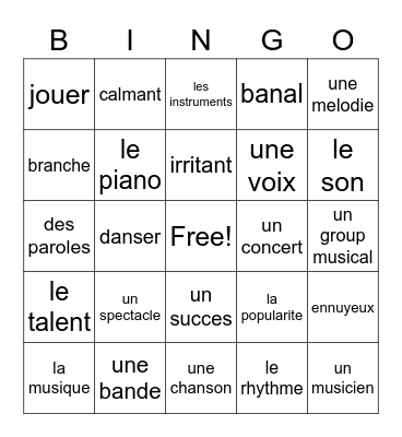 La Musique in French Bingo Card