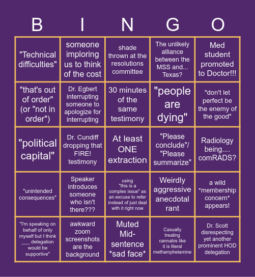 AMA Nov 2020 Special Session Bingo Card