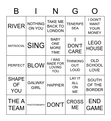 ED SHEERAN Bingo Card