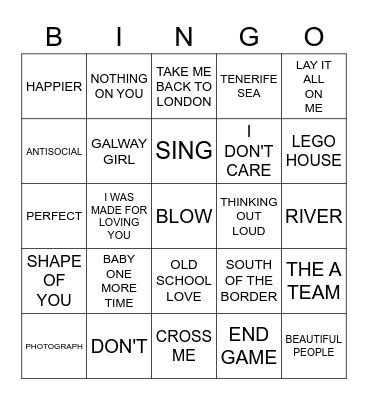 ED SHEERAN Bingo Card