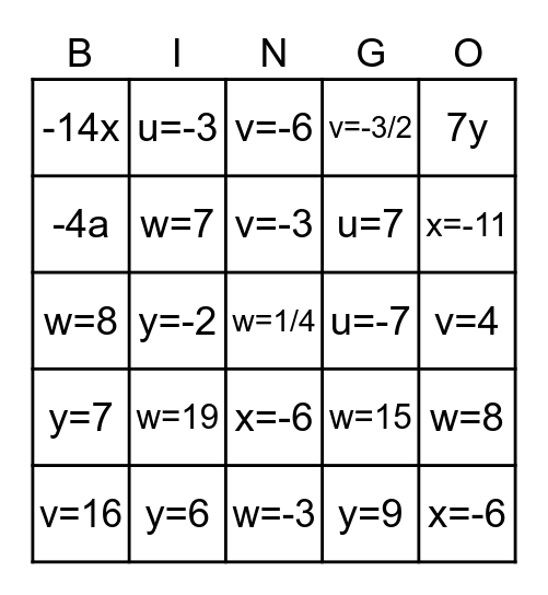 Solve Eqtns Bingo Card