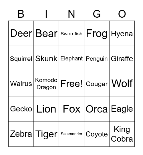 Animal Bingo Card
