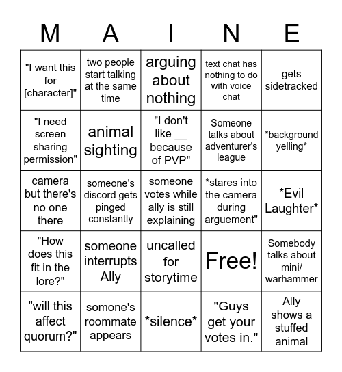 UMaine DM Meeting Bingo Card