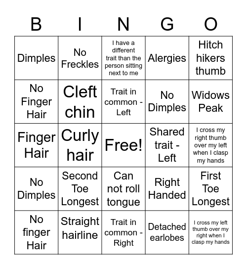 Human Traits Bingo Card