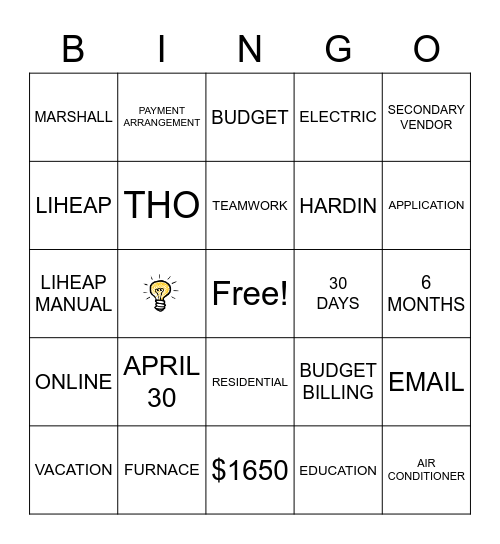 LIHEAP BINGO Card