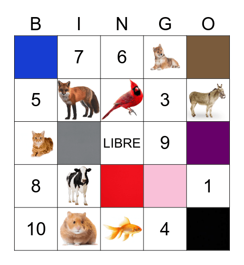 Los colores, los numeros y los animales Bingo Card