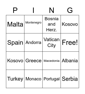 Southern Europe Bingo Card