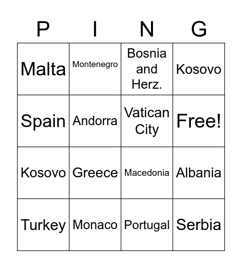 Southern Europe Bingo Card