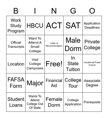 #CAP College Search Bingo Card