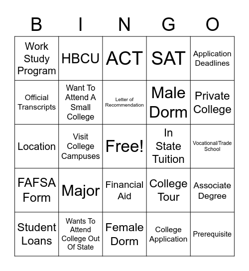 #CAP College Search Bingo Card