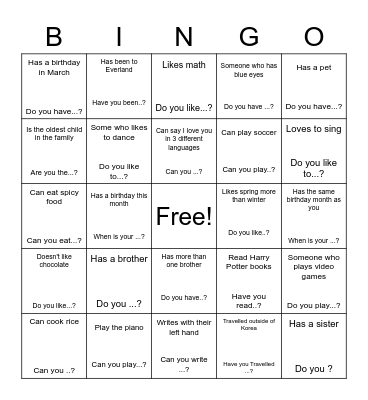 Find Someone who Bingo Card