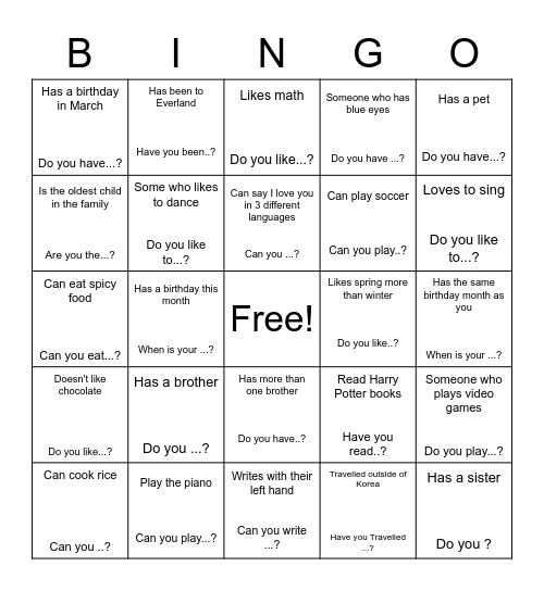 Find Someone who Bingo Card