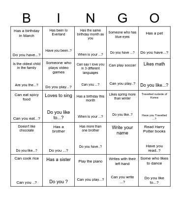 Find Someone who Bingo Card