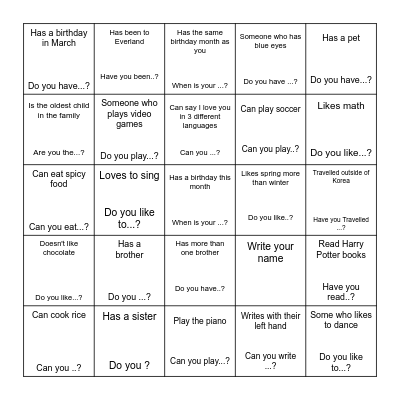 Find Someone who Bingo Card