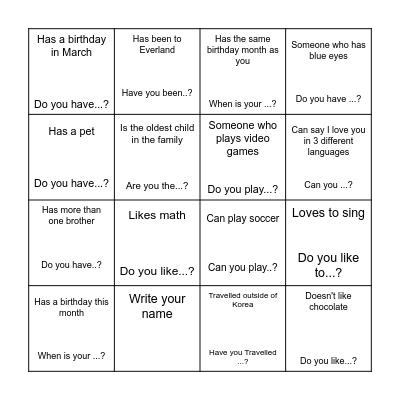 Find Someone who Bingo Card