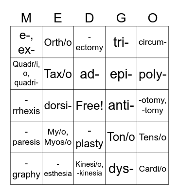 Muscular System Word Parts Bingo Card