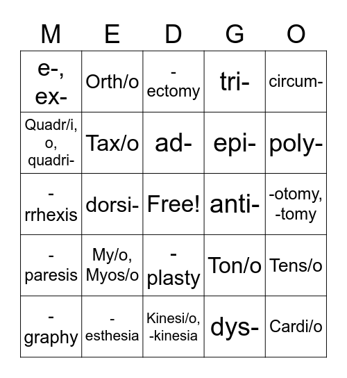 Muscular System Word Parts Bingo Card