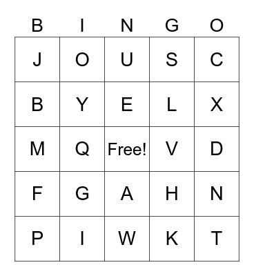 letter of the alphabet Bingo Card