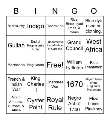 Colonial South Carolina Bingo Card
