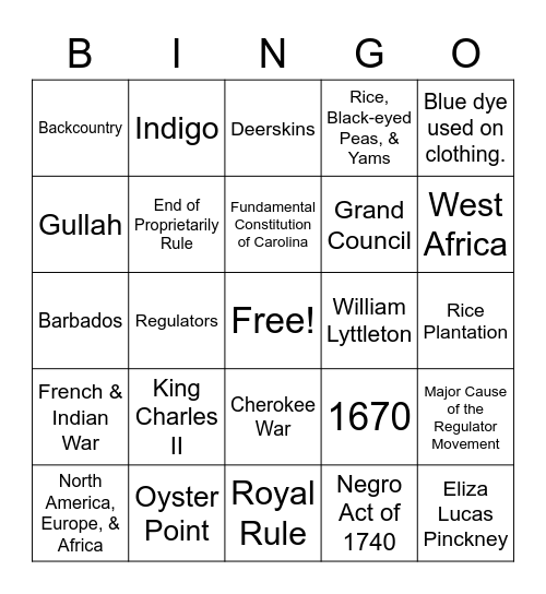 Colonial South Carolina Bingo Card