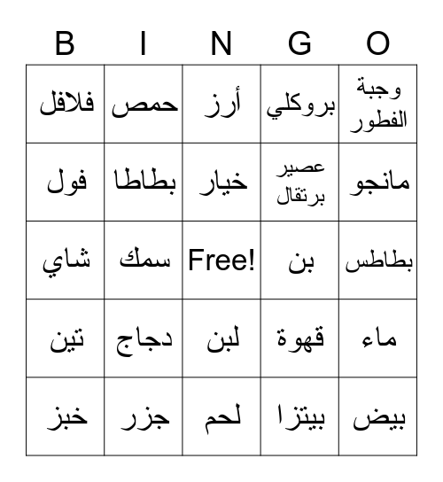 Arabic foods Bingo Card
